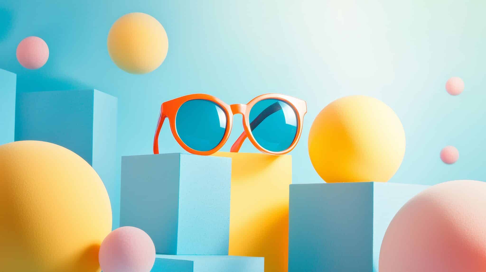 Gafas sobre figuras geométricas 3D, ilustrando una visión clara y creativa para tu negocio.