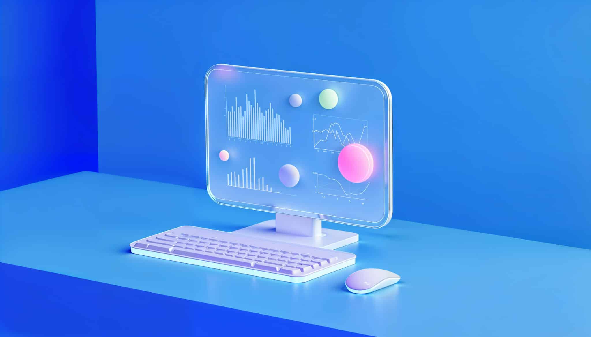 Computadora 3D con pantalla transparente y gráficos de rendimiento, representando la creación de páginas web para empresas.