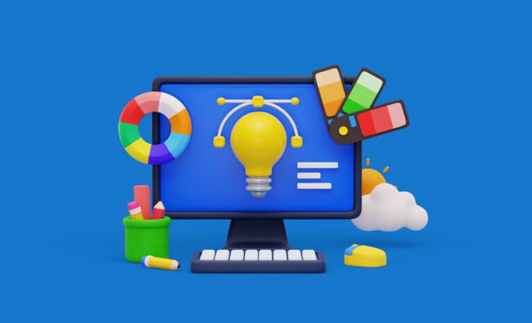 Monitor con elementos gráficos que ilustra el servicio de diseño web profesional y desarrollo UX UI.
