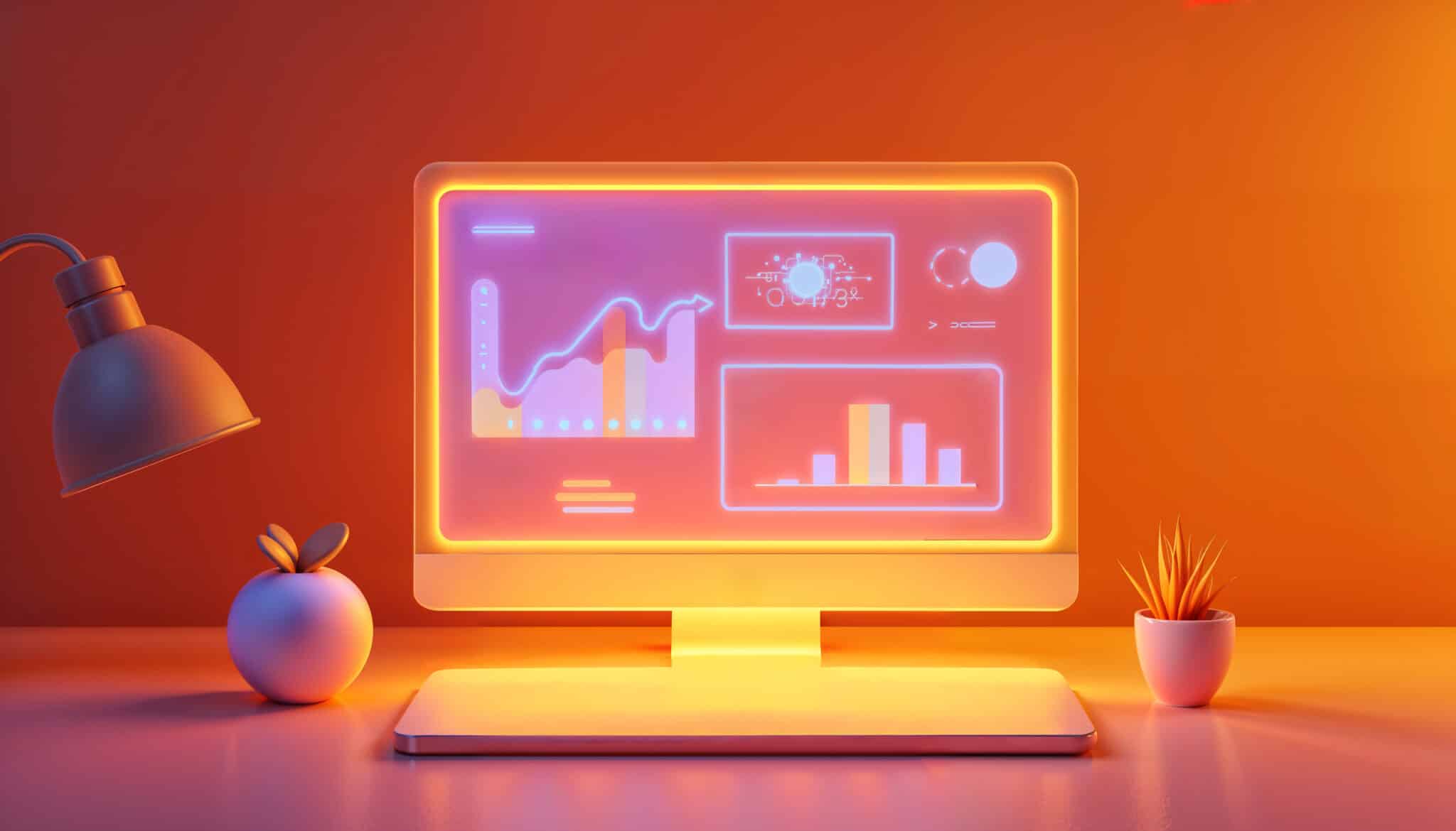 Monitor 3D con gráficos luminosos de crecimiento representando una página web profesional de alto rendimiento.