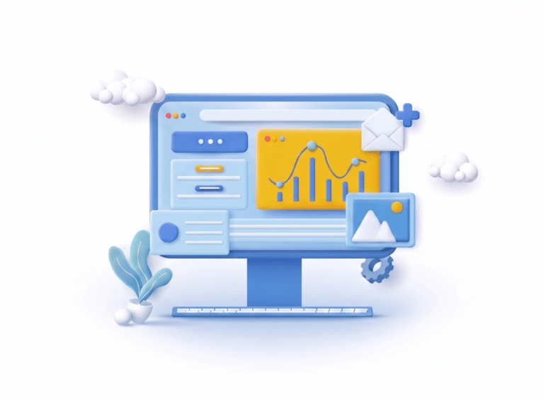 Ilustración 3D de un monitor con panel de administración para diseño de páginas web profesionales.