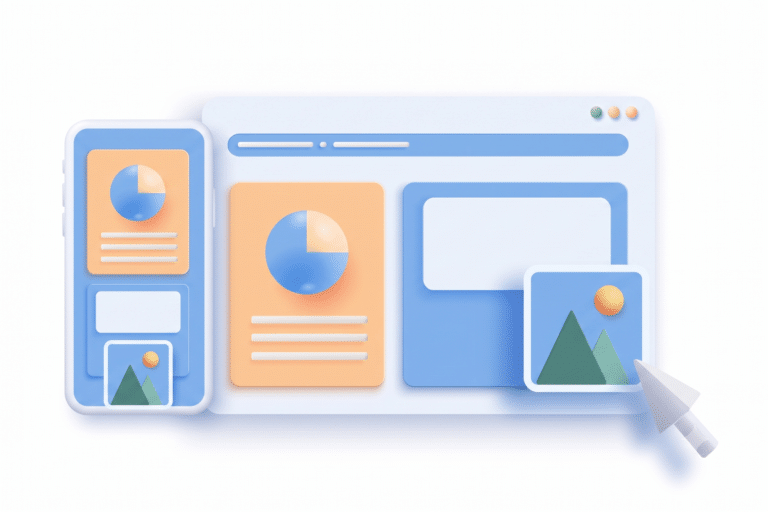 Interfaz de sitio web adaptándose a diseño móvil y computadora de escritorio.