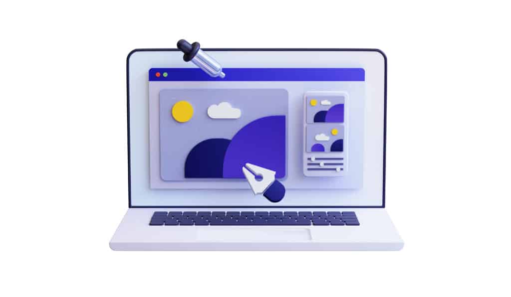 Ilustración 3D de una laptop con herramientas gráficas editando una interfaz, representando nuestros servicios de creación de sitios web.