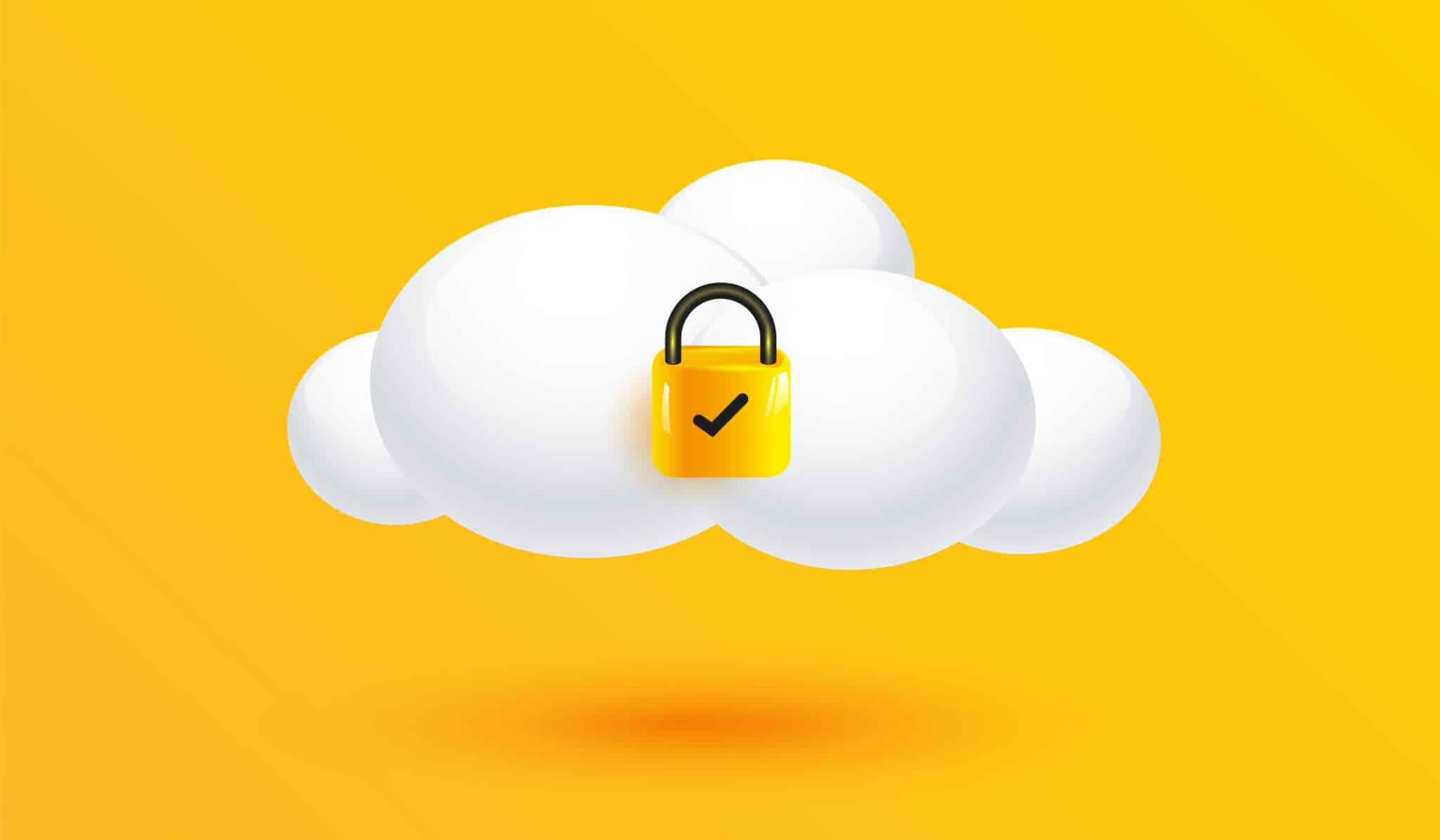 Nube 3D con candado cerrado que representa un entorno de hosting seguro y protección de datos.