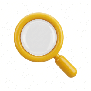 Icono de lupa en 3D amarillo para auditoría web y análisis de optimización SEO.
