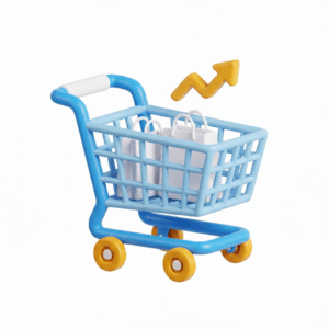 Ícono de un carrito de compras que ilustra la conversión, el comercio electrónico y el incremento de ventas de productos o servicios.