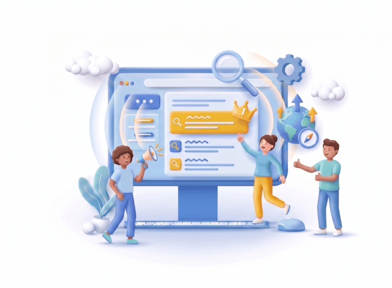 Equipo trabajando en la optimización SEO y posicionamiento web estratégico de un sitio digital en Google.