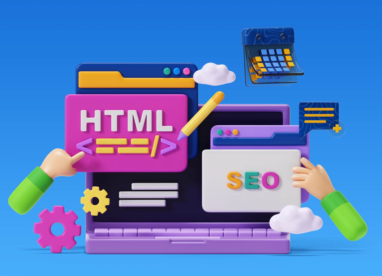 Laptop 3D con paneles HTML y SEO que ilustra la optimización web para motores de búsqueda.