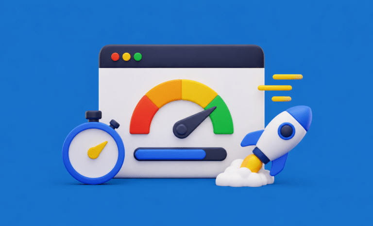 Velocímetro y cohete que representan la velocidad de carga y optimización de rendimiento web.