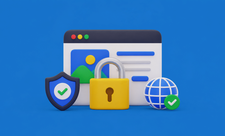Candado y escudo de protección que simbolizan la seguridad web y certificados SSL para páginas corporativas.
