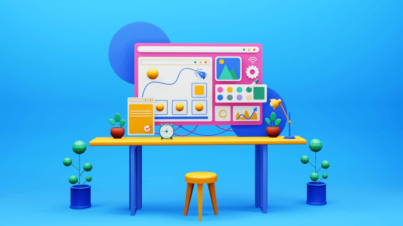 Mesa de trabajo 3D con panel de diseño digital, ilustrando la creación de interfaces web modernas y premium.