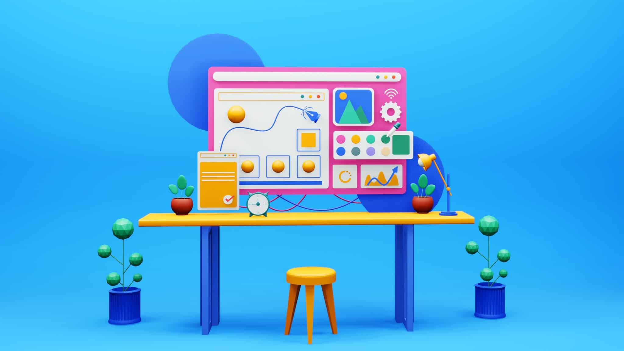 Mesa de trabajo 3D con panel de diseño digital, ilustrando la creación de interfaces web modernas y premium.