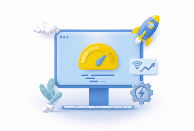 Monitor con velocímetro y cohete espacial que ilustra el análisis de velocidad de carga y rendimiento técnico web.